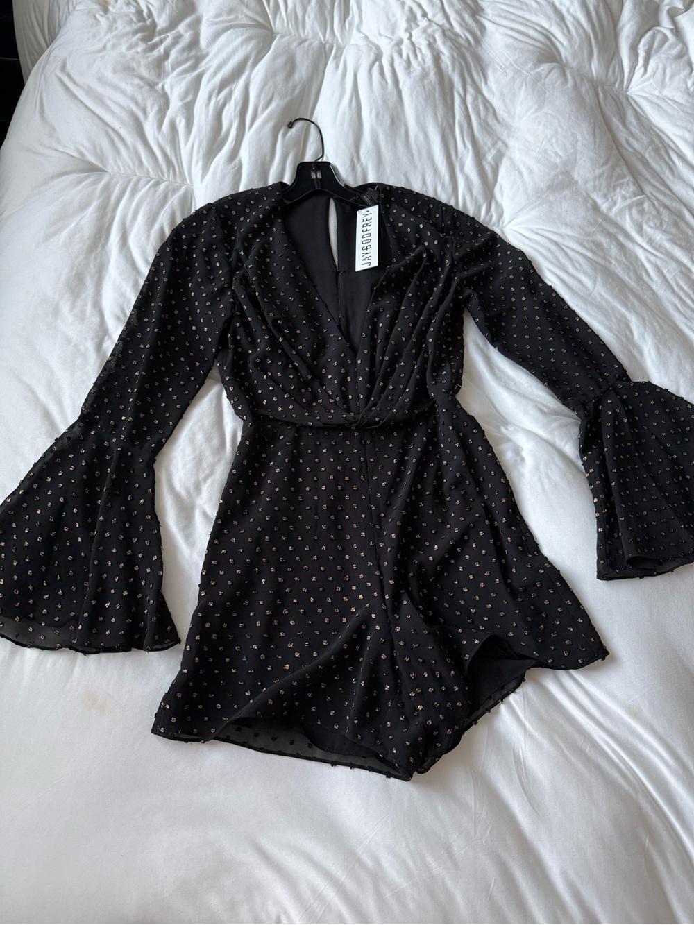 JayGodfrey Black Gold Dot Long-Sleeve Romper Dress